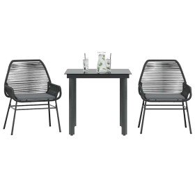 Set comedor jardín 3 pzas cojines ratán sintético vidrio negro