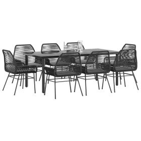 Set de comedor jardín 9 piezas cojines ratán polivinílico negro