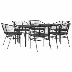 Set de comedor de jardín 7 piezas cojines ratán sintético negro