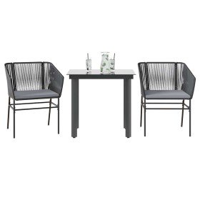Set comedor jardín 3 pzas cojines ratán sintético vidrio negro