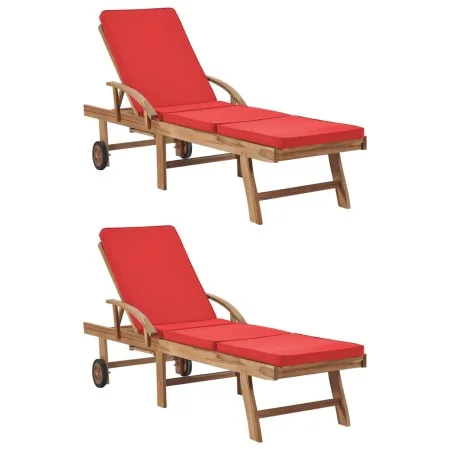 Tumbonas con cojines 2 unidades madera maciza de teca rojo de vidaXL, Tumbonas - Ref: Foro24-3054637, Precio: 465,22 €, Descu...