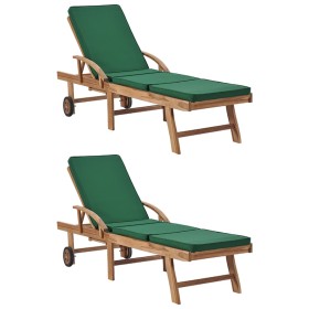 Solid teak wood sun loungers with 2 green cushions by vidaXL, Loungers - Ref: Foro24-3054635, Price: 485,67 €, Discount: %