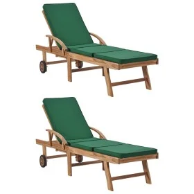 Solid teak wood sun loungers with 2 green cushions by vidaXL, Loungers - Ref: Foro24-3054635, Price: 464,40 €, Discount: %