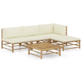Set de muebles de jardín 5 piezas bambú y cojines blanco crema