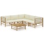 Set de muebles de jardín 6 piezas bambú y cojines blanco crema