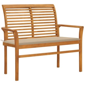 Banco de jardín madera maciza de teca con cojín beige 112 cm