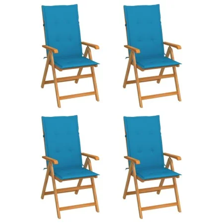 Sillas de jardín 4 uds madera maciza de teca con cojines azules de vidaXL, Sillas de jardín - Ref: Foro24-3065534, Precio: 50...