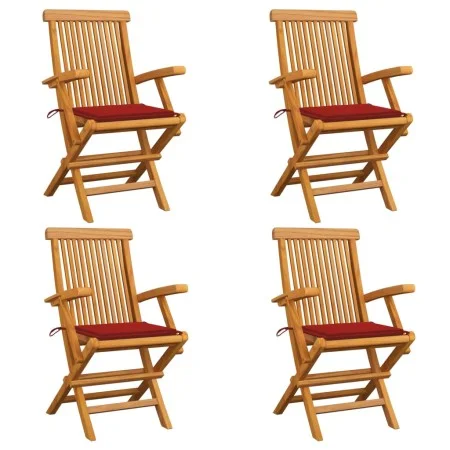 Sillas de jardín 4 uds con cojines rojos madera de teca de vidaXL, Sillas de jardín - Ref: Foro24-3065623, Precio: 361,62 €, ...
