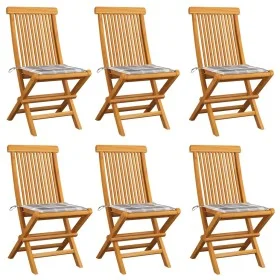 Gartenstühle 6 Stück aus Teakholz und grau karierten Kissen von vidaXL, Gartenstühle - Ref: Foro24-3065604, Preis: 370,44 €, ...