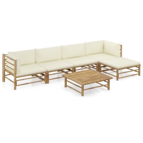 Set de muebles de jardín 6 piezas bambú y cojines blanco crema