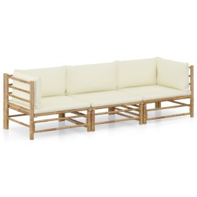 Set de muebles de jardín 3 piezas bambú y cojines blanco crema