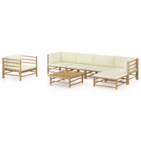 Set de muebles de jardín 7 piezas bambú y cojines blanco crema de vidaXL, Conjuntos de jardín - Ref: Foro24-3058199, Precio: ...
