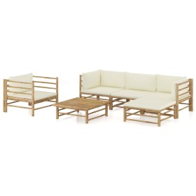 Set de muebles de jardín 6 piezas bambú y cojines blanco crema