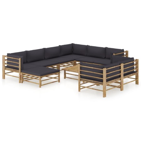 Set de muebles de jardín 10 pzas bambú con cojines gris oscuro