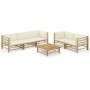 Set de muebles de jardín 6 piezas bambú y cojines blanco crema