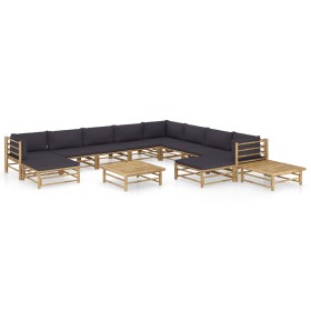 Set de muebles de jardín 12 pzas bambú con cojines gris oscuro