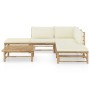 Set de muebles de jardín 6 piezas bambú y cojines blanco crema