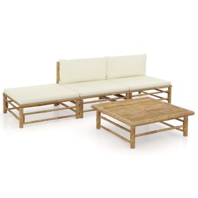 Set de muebles de jardín 4 piezas bambú y cojines blanco crema
