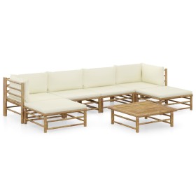 Set de muebles de jardín 7 piezas bambú y cojines blanco crema