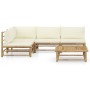 Set de muebles de jardín 5 piezas bambú y cojines blanco crema