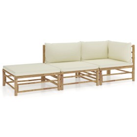 Set de muebles de jardín 3 piezas bambú y cojines blanco crema