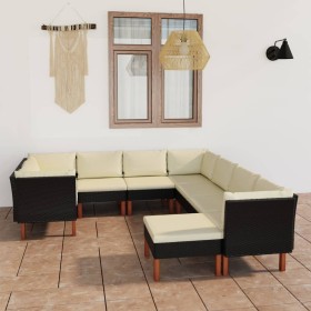 Set de muebles de jardín 9 pzas y cojines ratán sintético negro