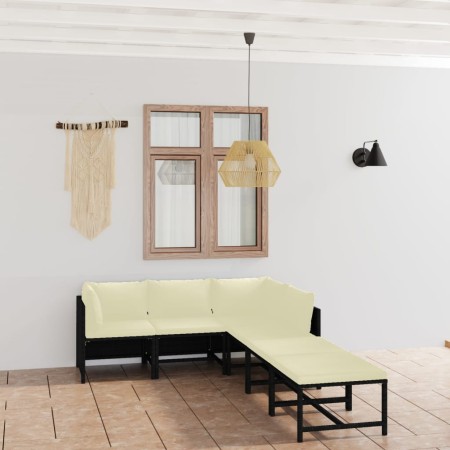 Set de muebles de jardín 6 pzas y cojines ratán sintético negro