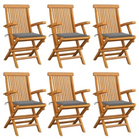 Sillas de jardín 6 uds madera maciza de teca con cojines grises de vidaXL, Sillas de jardín - Ref: Foro24-3062542, Precio: 45...