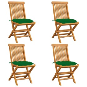 Sillas de jardín 4 uds madera maciza de teca con cojines verdes de vidaXL, Sillas de jardín - Ref: Foro24-3062588, Precio: 24...