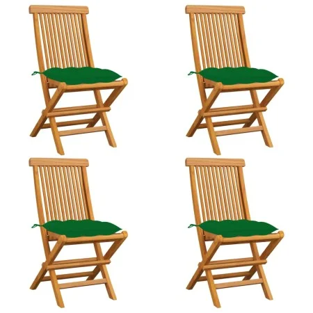 Sillas de jardín 4 uds madera maciza de teca con cojines verdes de vidaXL, Sillas de jardín - Ref: Foro24-3062588, Precio: 23...