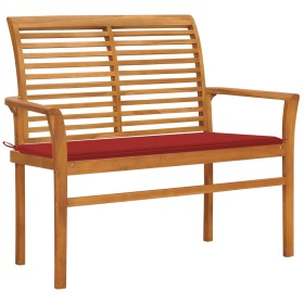 Banco de jardín madera maciza de teca con cojín rojo 112 cm