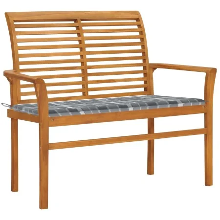 Teakholz-Gartenbank mit grauem kariertem Kissen, 112 cm. von vidaXL, Gartenbänke - Ref: Foro24-3062663, Preis: 146,69 €, Raba...