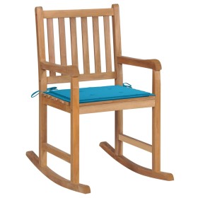 Silla mecedora de madera maciza de teca con cojín azul