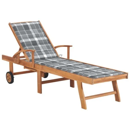 Lounger with gray checkered cushion solid teak wood by vidaXL, Loungers - Ref: Foro24-3063020, Price: 298,13 €, Discount: %