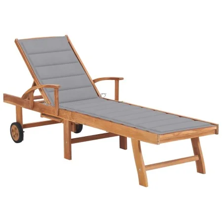 Tumbona con cojín gris madera maciza de teca de vidaXL, Tumbonas - Ref: Foro24-3063007, Precio: 289,66 €, Descuento: %