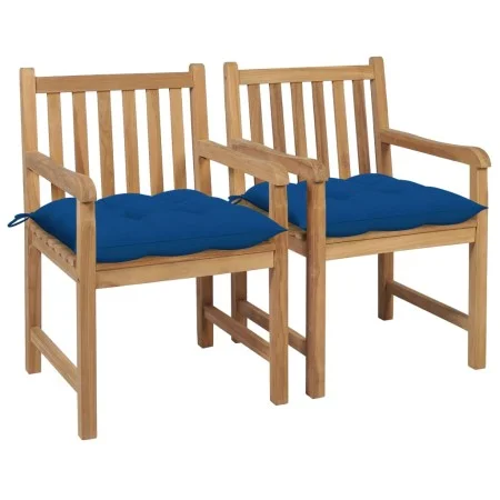 Sillas de jardín 2 uds madera maciza de teca con cojines azules de vidaXL, Sillas de jardín - Ref: Foro24-3062755, Precio: 30...