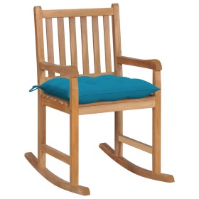 Silla mecedora de madera maciza de teca con cojín azul claro