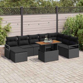 Conjunto de sofá de jardín con cojín 9 pcs Negro y Marrón