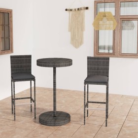 Set muebles bar jardín 3 piezas y cojines ratán sintético gris