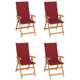 Sillas de jardín 4 uds madera de teca con cojines rojo tinto