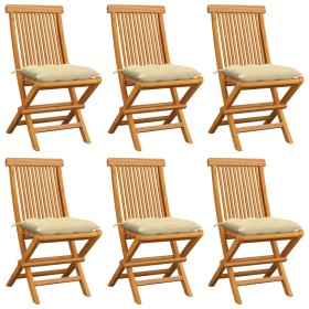 Sillas de jardín 6 uds madera de teca con cojines blanco crema de vidaXL, Sillas de jardín - Ref: Foro24-3065607, Precio: 400...