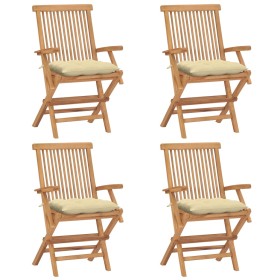 Gartenstühle 4 Stück aus Teakholz mit weißen cremefarbenen Kissen von vidaXL, Gartenstühle - Ref: Foro24-3065634, Preis: 395,...