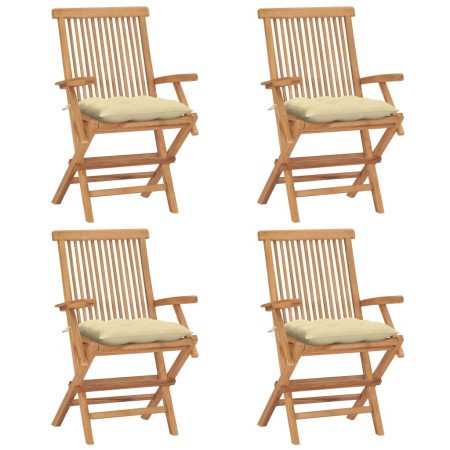 Gartenstühle 4 Stück aus Teakholz mit weißen cremefarbenen Kissen von vidaXL, Gartenstühle - Ref: Foro24-3065634, Preis: 395,...