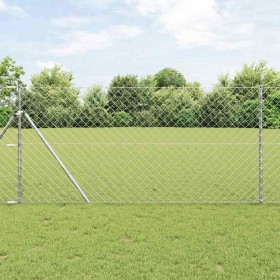 Valla de eslabones de cadena con postes Plateado 1.4 x 10 m