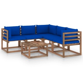 Set de muebles de jardín 6 pzs madera impregnada cojines azules