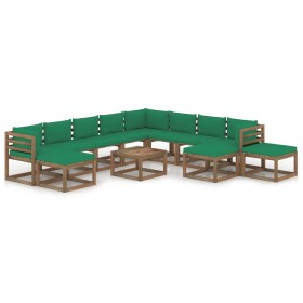 Juego de muebles de jardín 12 piezas con cojines verde
