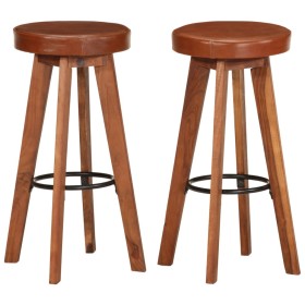 Taburetes de cocina 2 uds cuero auténtico madera maciza acacia