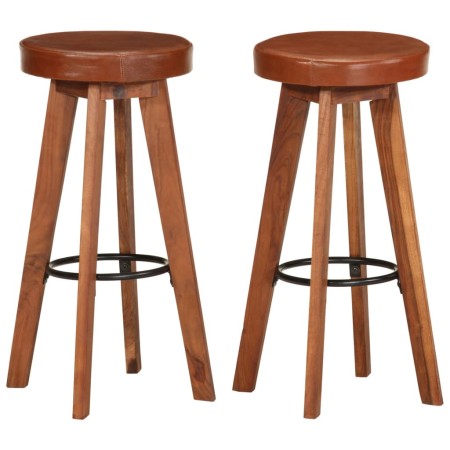 Taburetes de cocina 2 uds cuero auténtico madera maciza acacia