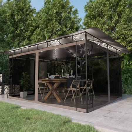Cenador con mosquitera y tira luz LED taupé 4x3x2,73m 180 g/m² by vidaXL, Tents and gazebos - Ref: Foro24-3070319, Price: 356...