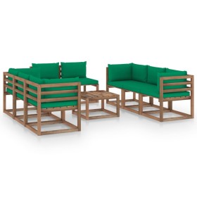 Juego de muebles de jardín 9 piezas con cojines verde